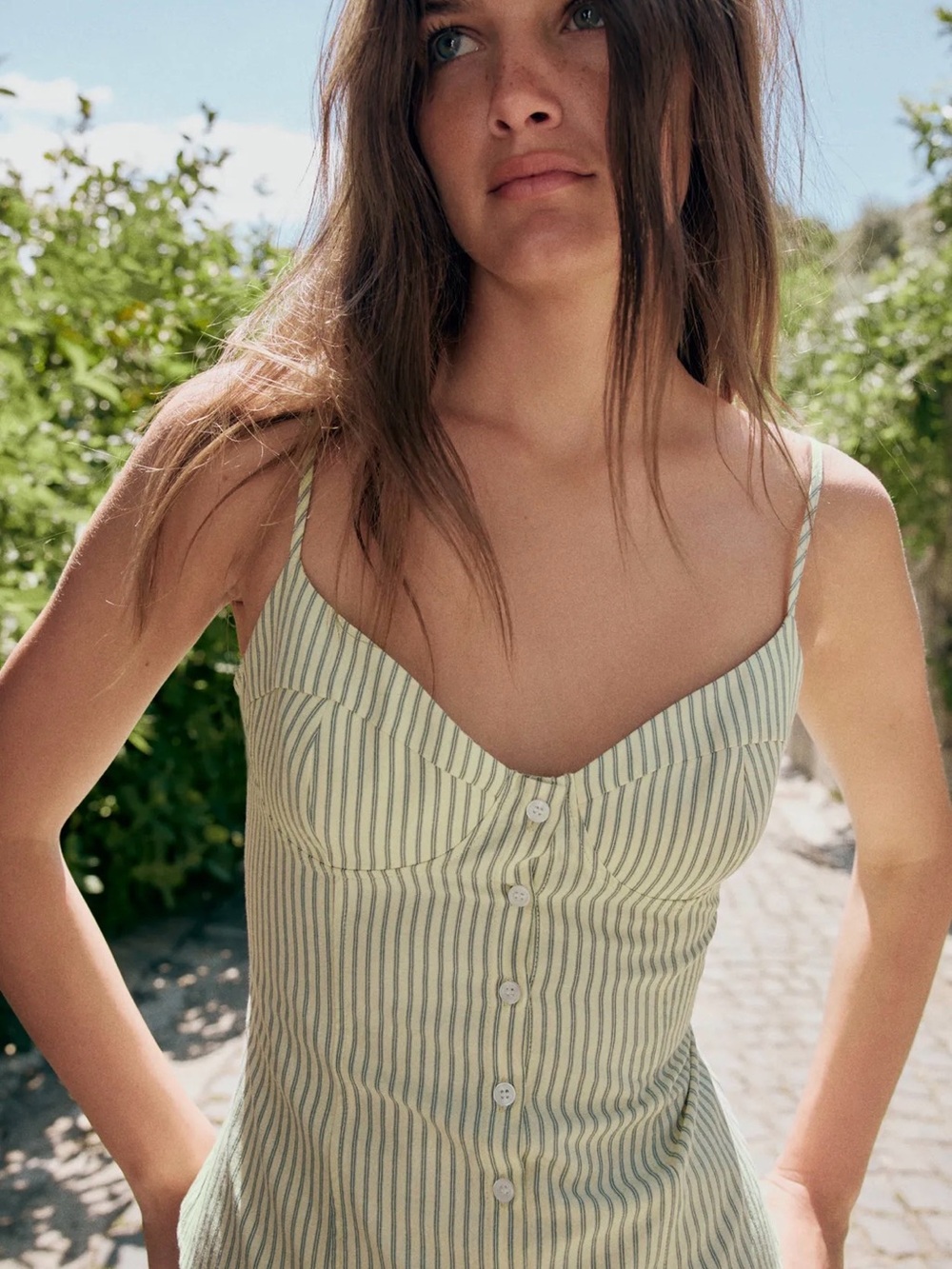 Zara Green and White Striped Button-Front Tank Top